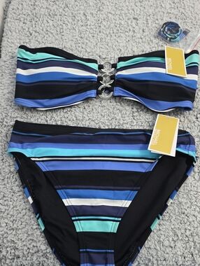 Michael Kors Black, Teal & Blue Striped Bandeau Bikini
